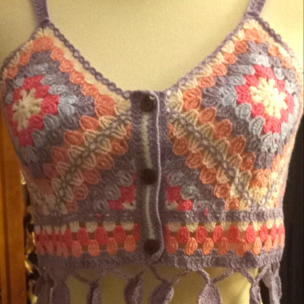 New,colorful boho crochet v-neck crop top vest buttons, fringe detail one size.